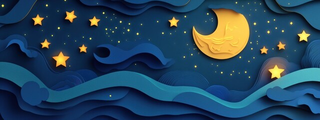 Abstract night sky design featuring luminous stars, a textured moon, layered composition, celestial elegance, atmospheric depth.