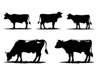 Black Silhouette outlines of cows in various poses