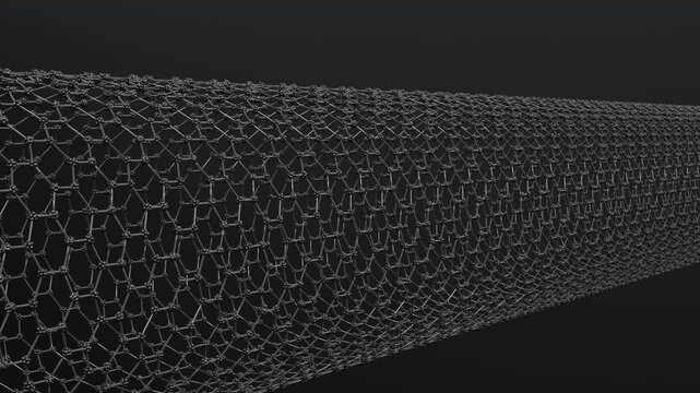Macro graphene tube crystal lattice plane of hexagonal cells 3d animation.
