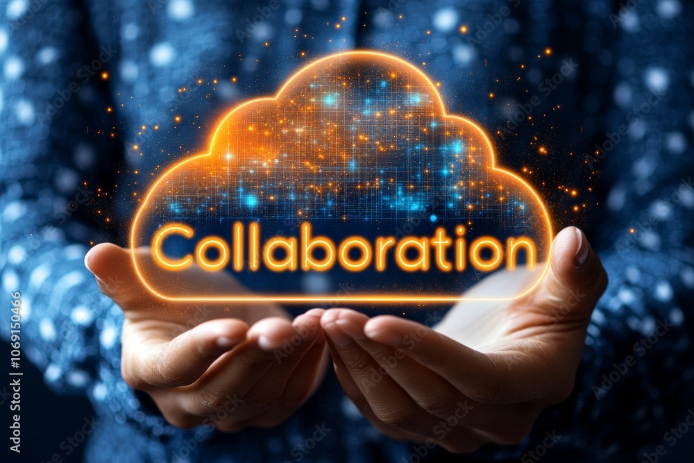 Poster collaboration cloud icon in vibrant orange glow against a dark background representing teamwork clou