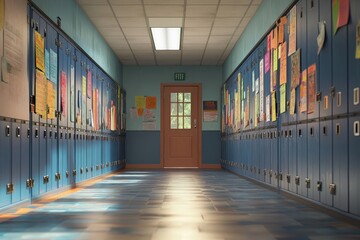 Fototapeta premium Colorful school hallway adorned with vibrant student artwork, featuring bright yellow walls and polished floors, creating an inspiring environment that promotes creativity and artistic expression amon