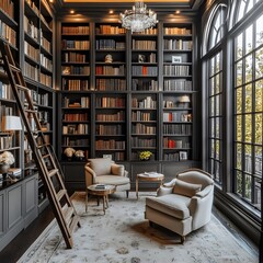 A sophisticated home library featuring floor-to-ceiling bookshelves, a classic ladder for reaching high shelves, and a plush reading chair for ultimate comfort