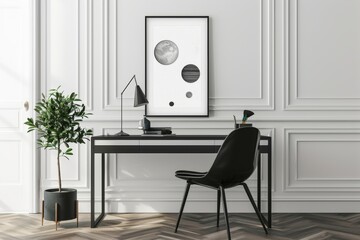 Minimalist home office with monochrome planet art and black chair