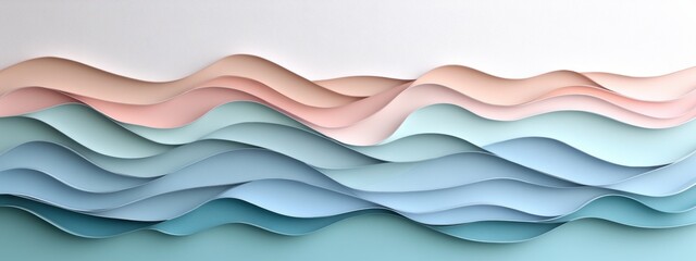 Geometric Ocean Waves, layered pastel hues create a serene seascape, evoking calm and tranquility in a paper-style design