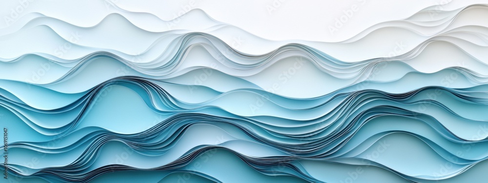 Poster abstract ocean waves in paper style, featuring soft gradients and layered textures, evoking tranquil