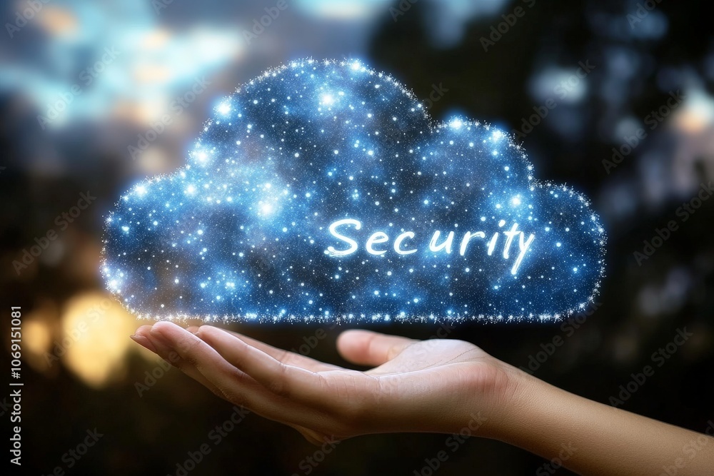 Poster security icon in glowing cloud form held in hands symbolizing data protection network safety and clo