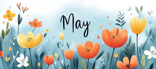 Watercolor Floral May. Gentle Blue Background with Orange, White and Yellow Flowers Illustration.