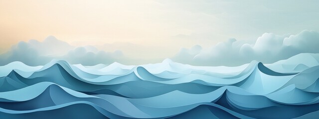 Obraz premium Layered Waves and Gradient Sky in Paper-Style Abstract Ocean, serene composition with flowing forms and soft color transitions