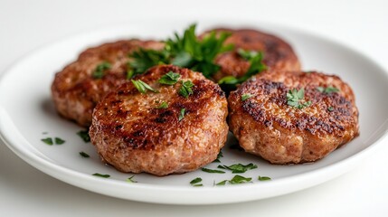 Delicious freshly cooked meat cutlets displayed on a clean white plate against a minimalist white background