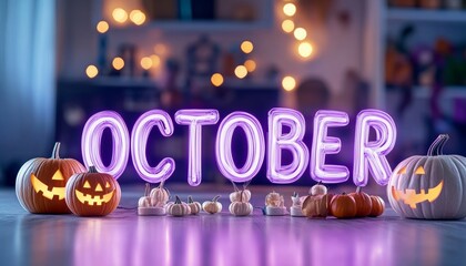 October in Neon Lights Halloween Celebration with Pumpkins, Gourds, and Festive Decorations.