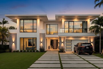 Modern Two-Story House with Wooden Accents and Balcony with Flat Roof and Minimalist Design