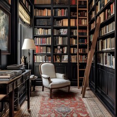 A sophisticated home library featuring floor-to-ceiling bookshelves, a classic ladder for reaching high shelves, and a plush reading chair for ultimate comfort
