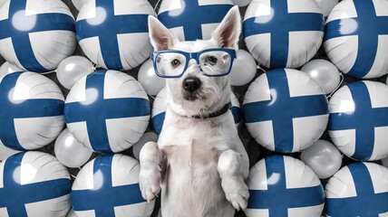 Adorable dog with glasses among finland flag balloons celebrates independence day on december 6 - finland independence day concept