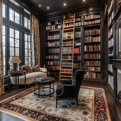 A sophisticated home library featuring floor-to-ceiling bookshelves, a classic ladder for reaching high shelves, and a plush reading chair for ultimate comfort