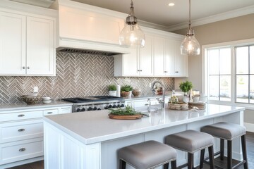 Fototapeta premium Modern Kitchen Island with White Cabinets and Grey Herringbone Tile Backsplash