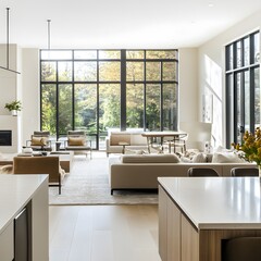 A spacious open-concept living and dining area featuring large windows, neutral color palette, and modern furniture