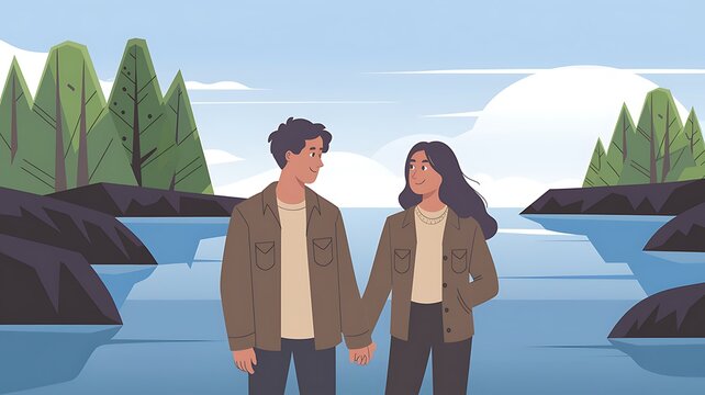 A couple holding hands and smiling at each other by a lake