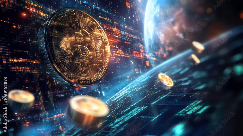 Poster a futuristic scene with floating coins in space, symbolizing digital currency and finance.