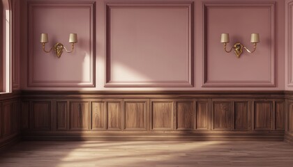 Dusty pink walls, wooden wainscoting, and brass sconces add elegance to this classic interior.
