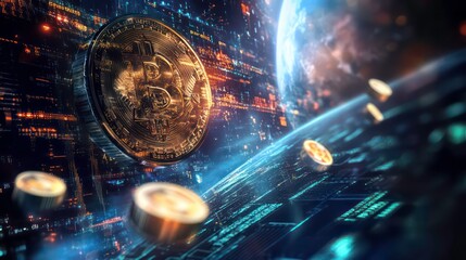 A futuristic scene with floating coins in space, symbolizing digital currency and finance.