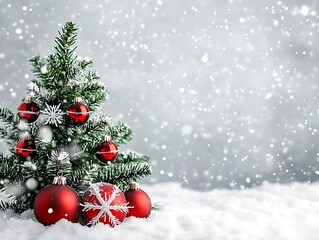 Small Christmas Tree with Red Ornaments and Snowflakes in Snowy Landscape