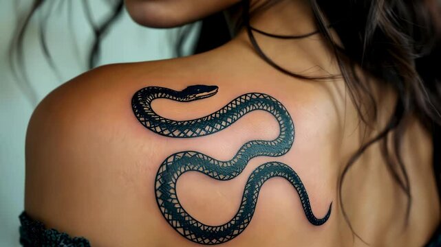 Elegant snake tattoo on young woman's shoulder with intricate design for artistic expression