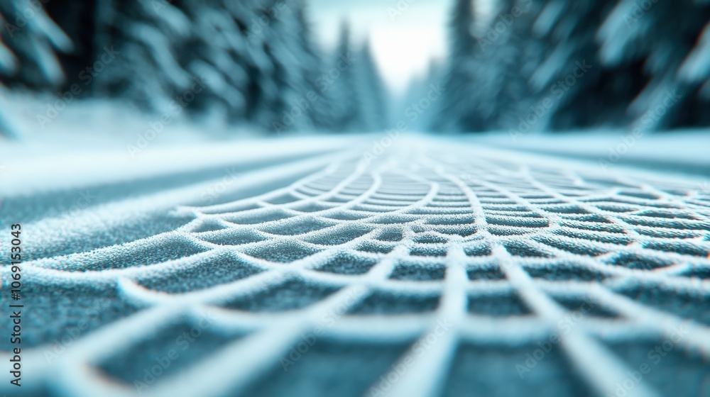 Aufkleber intricate frost pattern resembling a spider web on a snowy forest path, ai