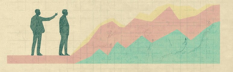 Obraz premium Financial Analysis with Graphs and Silhouettes. An illustration of two businessmen observing a rising chart, symbolizing economic insights and growth. 
