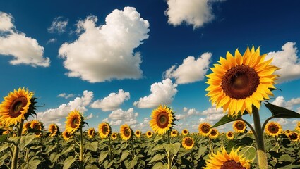 Fototapeta premium A vibrant field of sunflowers under a bright blue sky dotted with fluffy white clouds, evoking feelings of warmth and positivity.