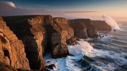 A breathtaking sunset over rugged cliffs, with waves crashing against the shoreline. The sky is painted in warm hues of orange and purple, creating a serene atmosphere.