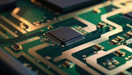 Close-up of a microchip on a green printed circuit board, featuring intricate pathways and electronic components, highlighting the complexity of modern technology.