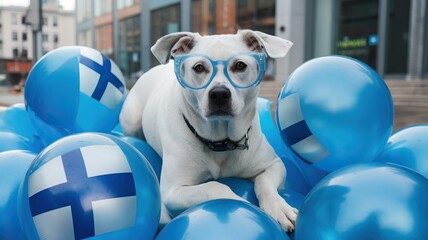 Adorable dog with glasses among blue balloons decorated with finnish flags, celebrating finland independence day concept