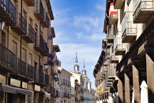  view of the porticoed main street of the spanish village of el burgo de osma