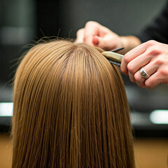 Fototapeta premium Stylist curling hair at a salon while preparing for a fashion event