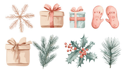 Vector watercolor christmas illustration set with Fir, christmas flower, snowflakes, berries, ornaments, gift, presents and mittens