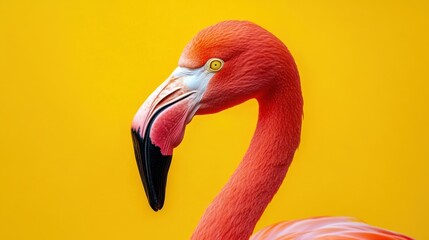 Close-up of a pink flamingo with vibrant feathers against a yellow background