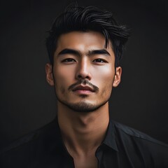 Obraz premium A striking portrait of a young, handsome Asian man set against an isolated background. The image focuses on his sharp features and confident expression, highlighting his individuality and style.