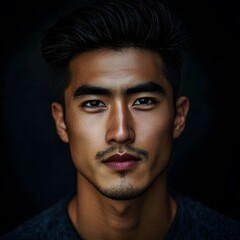 Obraz premium A striking portrait of a young, handsome Asian man set against an isolated background. The image focuses on his sharp features and confident expression, highlighting his individuality and style.