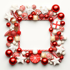 Vibrant red and white candy-themed Christmas frame with ornaments, candy canes, and gifts on a white background with blank space on center