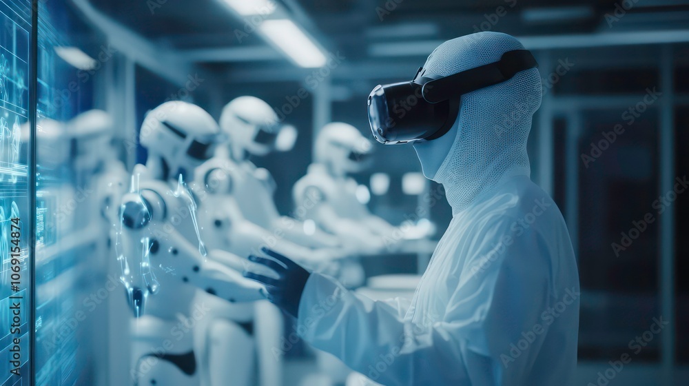 Poster a person in vr gear interacts with robotic figures in a futuristic lab setting.