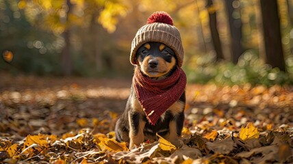 Charm of Autumn: a little puppy in a hat enjoying the coziness of a golden forest, surrounded by colorful leaves and sunlight, creating an atmosphere of peace and happiness.