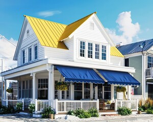 Coastal city home, charming white finish with yellow roof and blue awning.