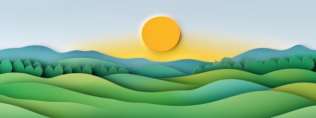 Vibrant Paper Landscape with Rolling Hills and a Radiant Sun, showcasing a serene and picturesque countryside scene