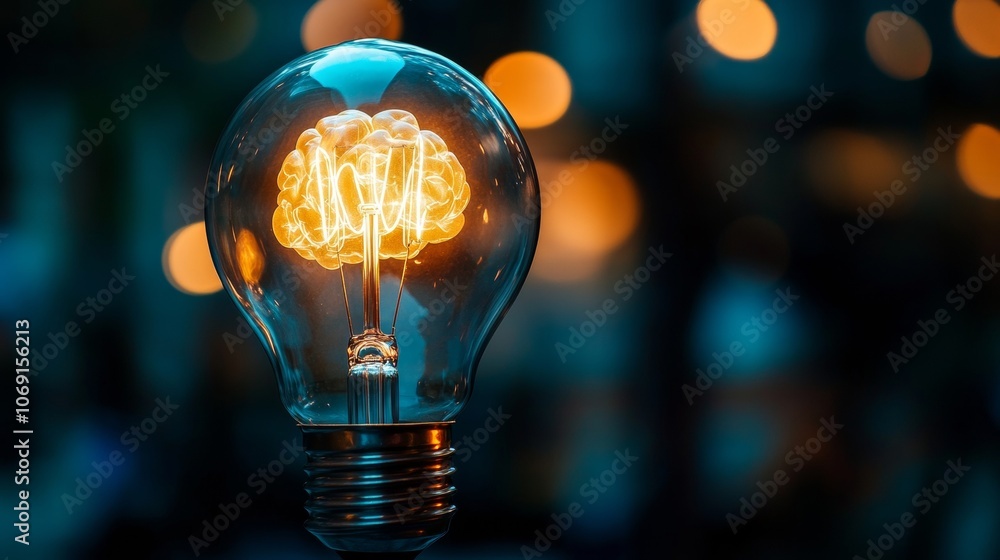 Poster light bulb with brain filament glowing in the dark, conceptual innovation and creativity