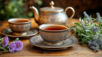 Fototapeta premium Elegant tea in ornate cups and teapot with flowers on rustic wooden table