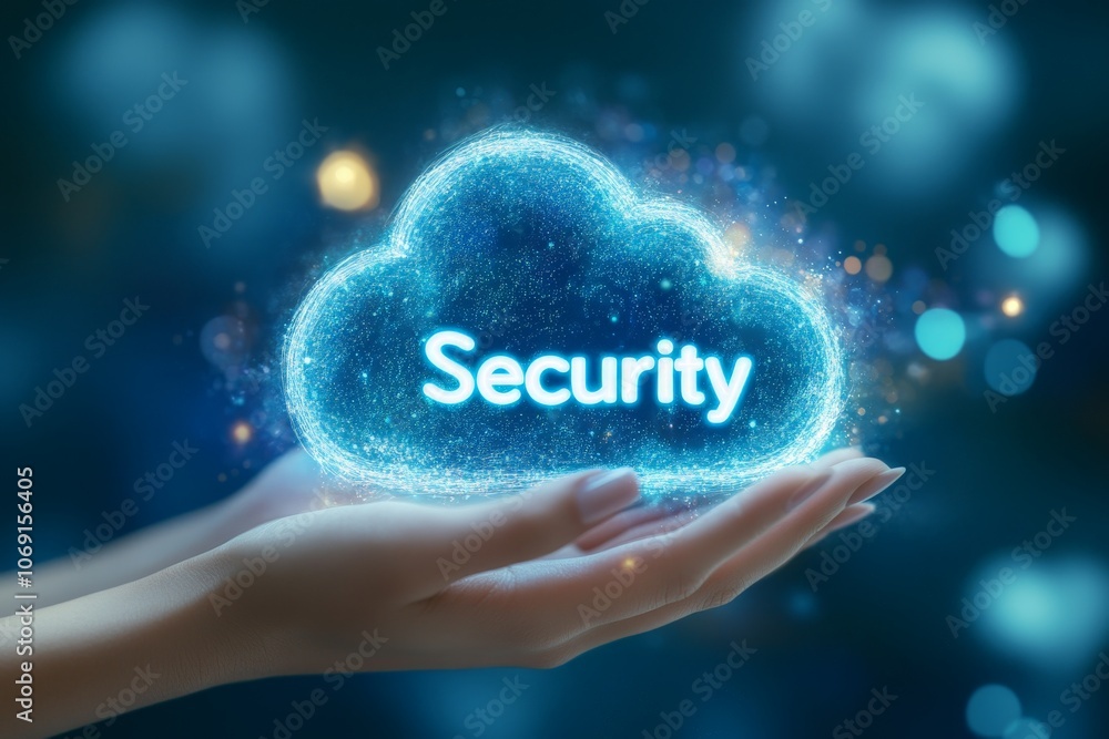 Poster security cloud icon on misty blue background symbolizing online data protection cybersecurity and se