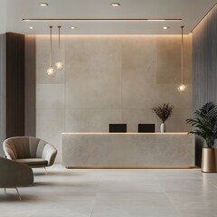 A stylish and modern corporate office lobby featuring a sleek reception desk and a comfortable seating area