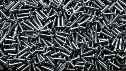 Screws and bolts for furniture repair. A pile of shiny metal screws in various orientations, tightly packed together, with multiple reflections creating a textured surface.
