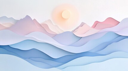 Pastel Layered Mountains, serene landscape of gently sloping peaks in soft hues, evoking calmness and tranquility in a paper-like texture