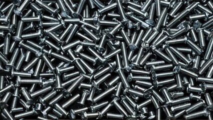 Screws and bolts for furniture repair. A pile of shiny metal screws in various orientations, tightly packed together, with multiple reflections creating a textured surface.